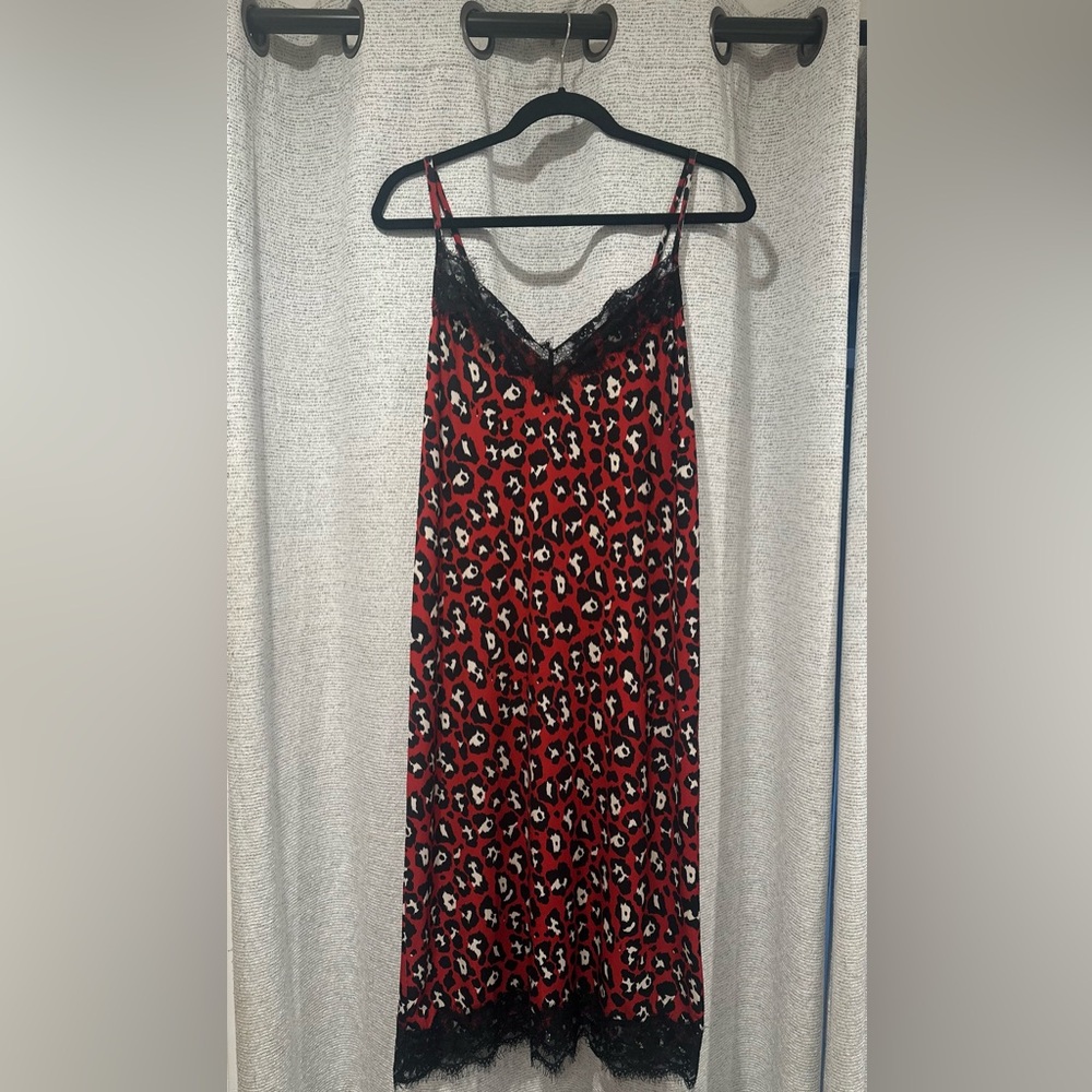 Women’s ZARA Red Leopard Print Camisole Slip Dress Lace Stretch Midi Dress Small